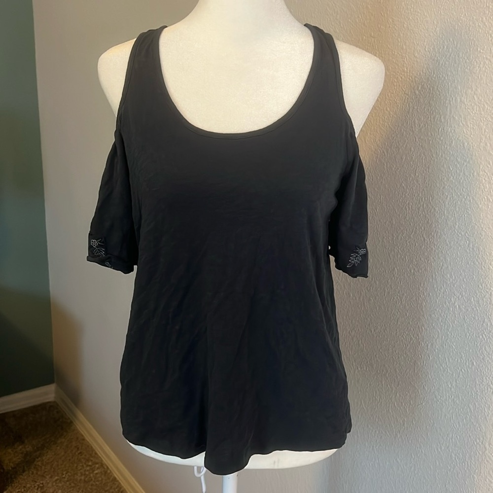 American Eagle Cold Shoulder Short Sleeve Floral Embroidered Top Blue Size Small